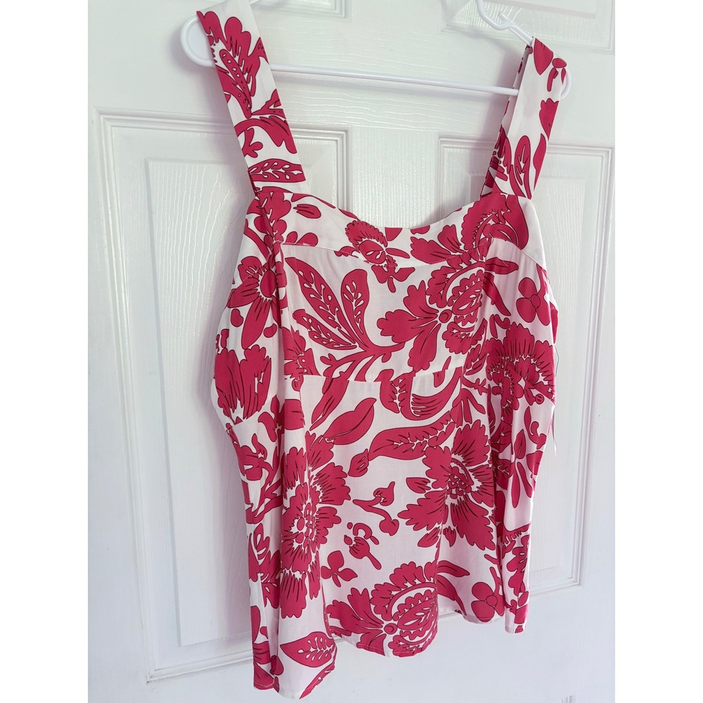 NEW Vince Camuto Tank Top XL Pink White Floral Paisley Smocked Back Square Neck